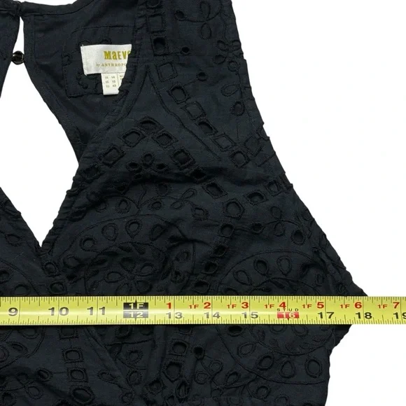 Anthropologie Maeve Eyelet Faux Wrap Midi Dress Size 10 Black Self Tie Belt - Picture 10 of 14
